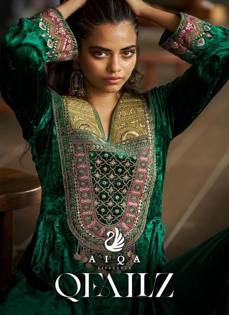 Qealiz By Aiqa Viscose Velvet Handwork Designer Salwar Kameez Wholesale In India